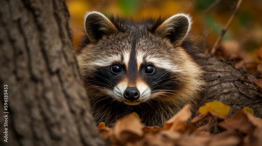 Curious raccoon peering out from behind tree. AI generated Curious raccoon peering out from behind tree. AI generated