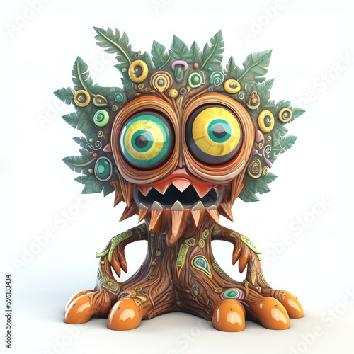 Cartoon 3D Illustration of a Cartoon Monster Tree with Expressive Character Designs and Generative AI 