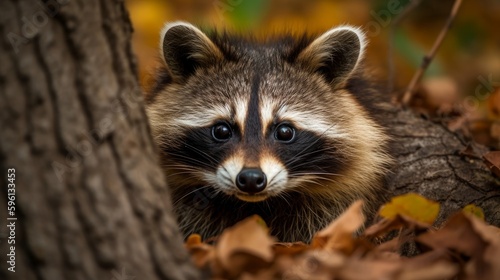 Curious raccoon peering out from behind tree. AI generated © ArtStage