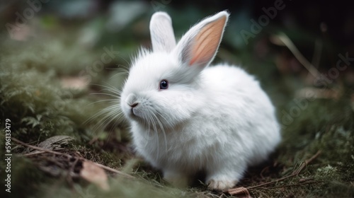 Fluffy white bunny with long ears. AI generated
