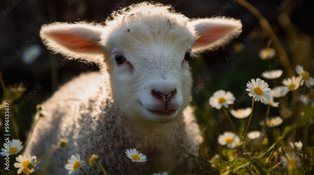 A fluffy white lamb with a daisy tucked behind its ear. AI generated A fluffy white lamb with a daisy tucked behind its ear. AI generated
