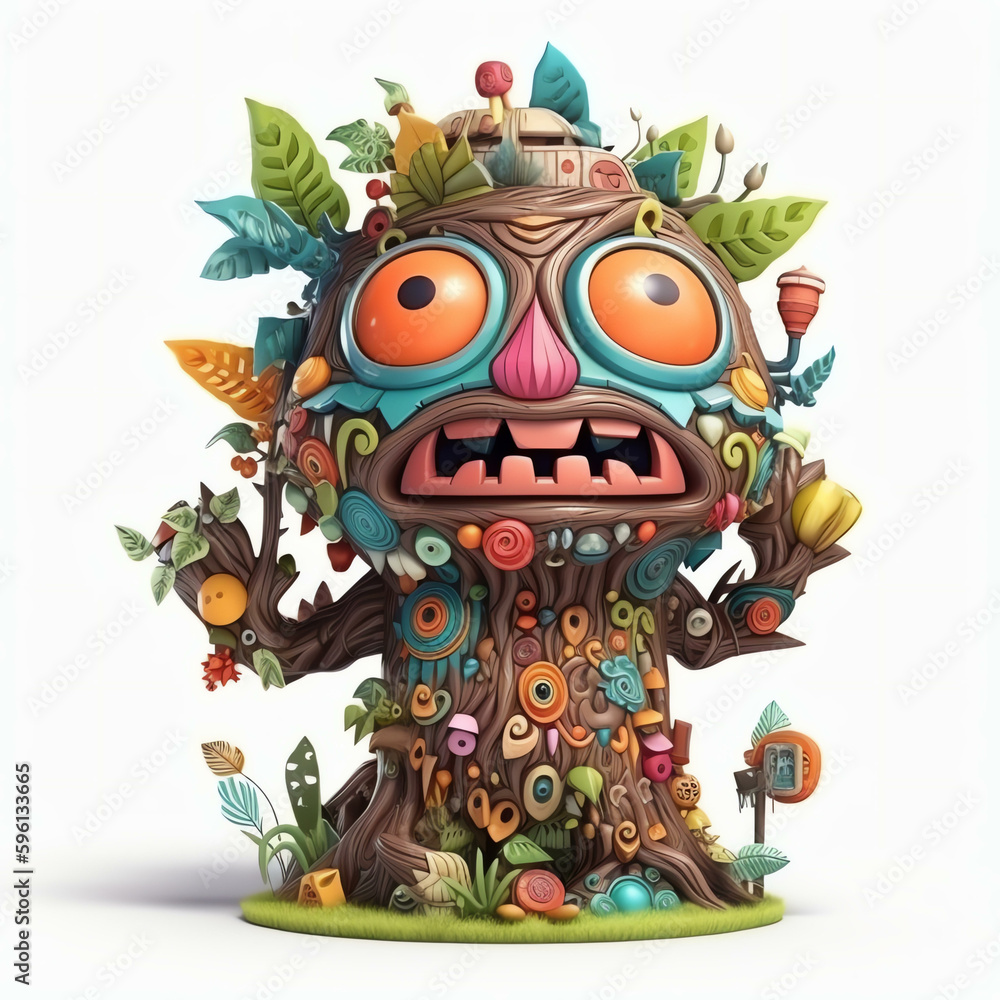 Cartoon 3D Illustrated Wandering Eye of a Polychrome Monster Tree with Generative AI
