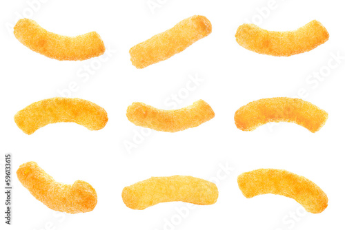 Collage of tasty corn sticks on white background