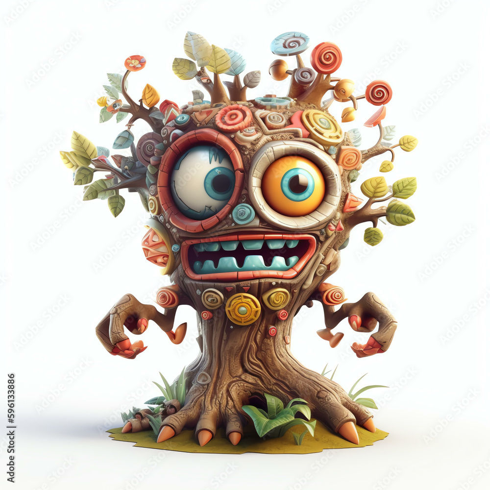 Cartoon 3D Polychrome Sculpture of a Cartoon Monster Tree with Generative AI
