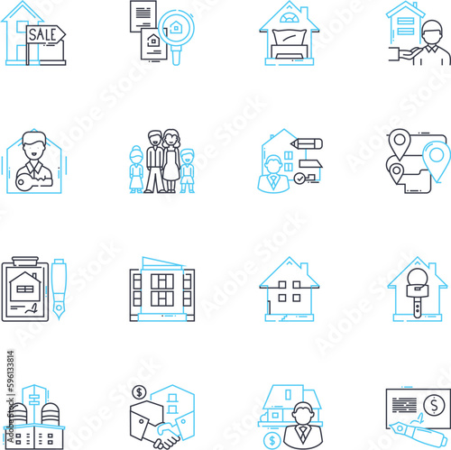 Trade possession linear icons set. Barter, Exchange, Swap, Transfer, Handover, Deal, Negotiate line vector and concept signs. Sell,Buy,Possess outline illustrations