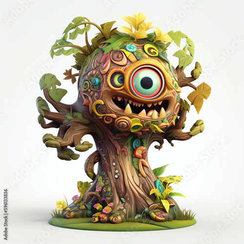 Cartoon 3D Polychrome Sculpture of a Cartoon Monster Tree with Generative AI 