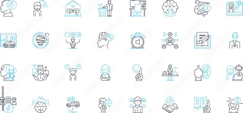 Work efficiency linear icons set. Productivity, Time-management, Multitasking, Focus, Organization, Prioritization, Streamlining line vector and concept signs. Innovation,Effectiveness,Expediency Work efficiency linear icons set. Productivity, Time-management, Multitasking, Focus, Organization, Prioritization, Streamlining line vector and concept signs. Innovation,Effectiveness,Expediency