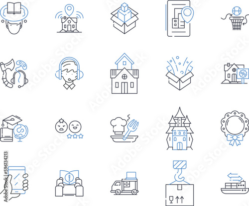 Address line icons collection. Location, Street, House, Unit, Number, Zipcode, Neighborhood vector and linear illustration. City,State,Country outline signs set