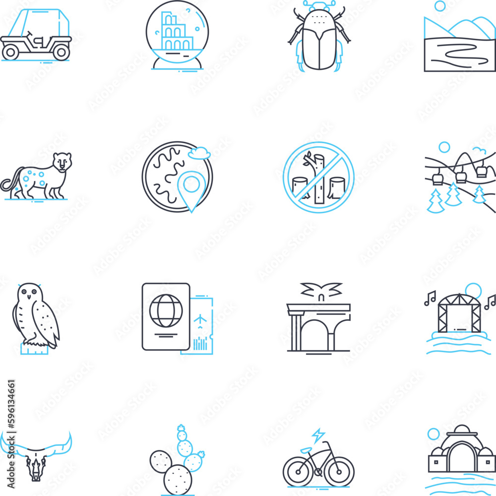 Obraz premium Rural retreat linear icons set. Serene, Peaceful, Tranquil, Relaxing, Scenic, Secluded, Cozy line vector and concept signs. Comfortable,Calming,Rustic outline illustrations