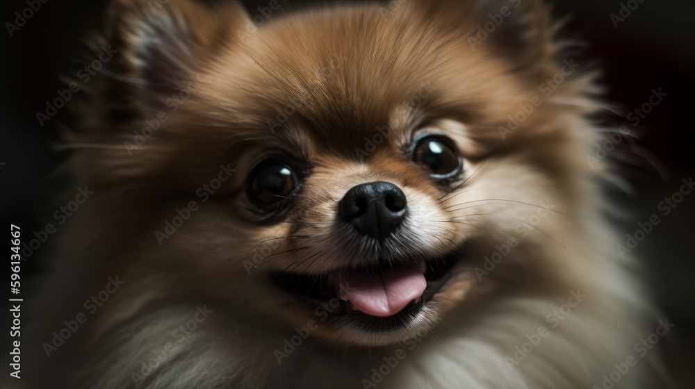Cute Pomeranian dog face close-up. AI generated