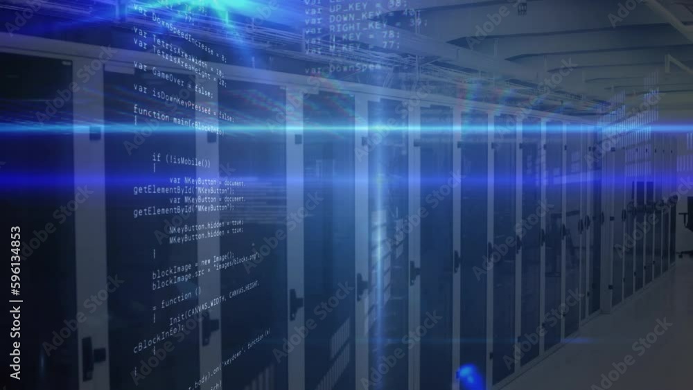 Animation of computer language, graphs and loading bars over lens flares against server room Animation of computer language, graphs and loading bars over lens flares against server room