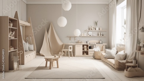 A minimalist kids playroom with simple, clean design and neutral color palette. AI generated