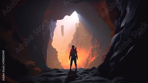adventurer hiker stand in mountain cave, digital art illustration, Generative AI
