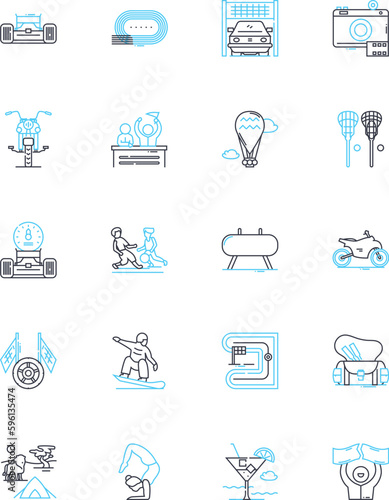 Intense journeys linear icons set. Expedition, Adventure, Odyssey, Quest, Trek, Escapade, Pilgrimage line vector and concept signs. Wanderlust,Sojourn,Roaming outline illustrations