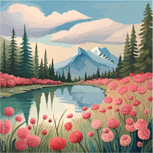 Landscape with flowers and a lake.