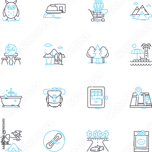 Professional voyages linear icons set. Expedition, Safari, Trek, Adventure, Exploration, Journey, Pilgrimage line vector and concept signs. Excursion,Odyssey,Wanderlust outline illustrations