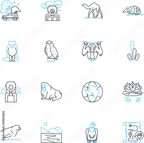 Nature exploration linear icons set. Wonder, Discovery, Adventure, Hike, Trek, Wildflowers, Exploration line vector and concept signs. Wildlife,Scenery,Serenity outline illustrations