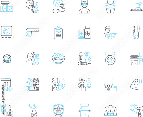 Body fitness linear icons set. Strength, Flexibility, Endurance, Agility, Stamina, T, Energy line vector and concept signs. Athletics,Wellness,Cardio outline illustrations