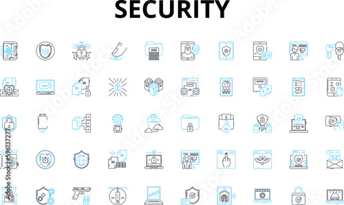 Security linear icons set. Encryption, Firewall, Authentication, Malware, Antivirus, Passwords, Biometric vector symbols and line concept signs. Surveillance,Cybercrime,Identity illustration
