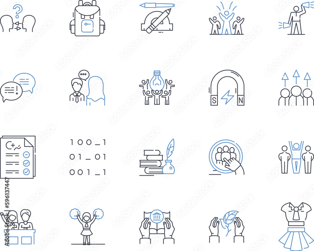 Directing interns line icons collection. Mentorship, Leadership, Communication, Guidance, Professionalism, Coaching, Delegation vector and linear illustration. Collaboration,Feedback,Training outline