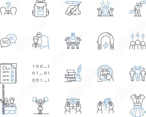 Directing interns line icons collection. Mentorship, Leadership, Communication, Guidance, Professionalism, Coaching, Delegation vector and linear illustration. Collaboration,Feedback,Training outline