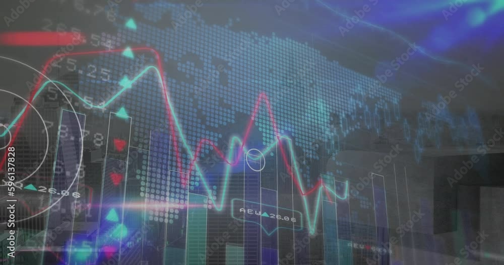 Animation of stock market data processing over world map against aerial view of cityscape Animation of stock market data processing over world map against aerial view of cityscape