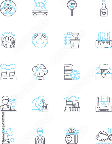 Chemical production linear icons set. Synthesis, Polymerization, Oxidation, Reduction, Distillation, Fermentation, Ionization line vector and concept signs. Hydrogenation,Isomerization,Catalysis