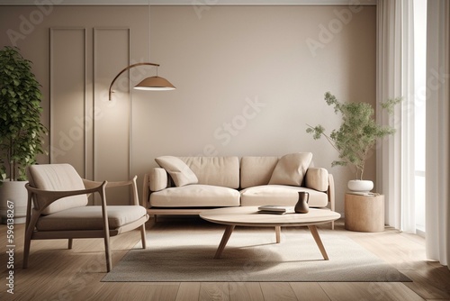 Minimalist beige interior with sofa, armchair, blank wall, and coffee table. 3D illustration. Generative AI