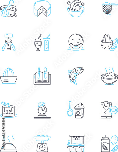 Meal prep linear icons set. Plan, Prep, Healthy, Quick, Convenient, Affordable, Time-saving line vector and concept signs. Batch,Balanced,Nutritious outline illustrations