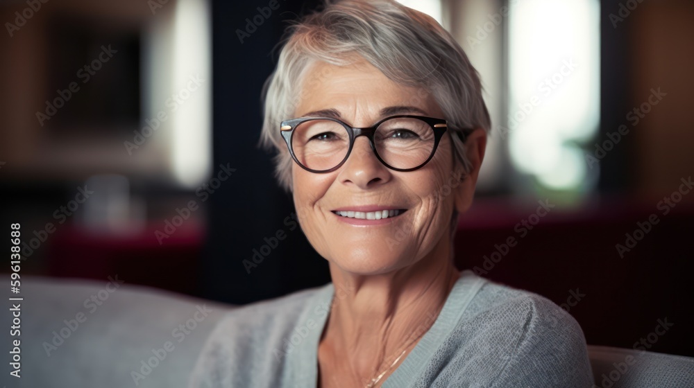 Smiling senior woman posing inside a room looking at the camera. Generative AI Smiling senior woman posing inside a room looking at the camera. Generative AI