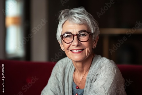 Smiling senior woman posing inside a room looking at the camera. Generative AI