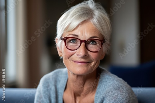 Smiling senior woman posing inside a room looking at the camera. Generative AI