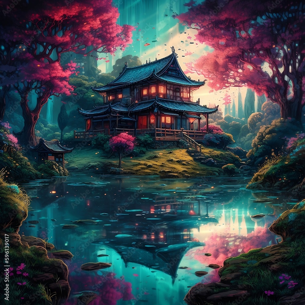 japanese temple on a lake with cherry blossom trees