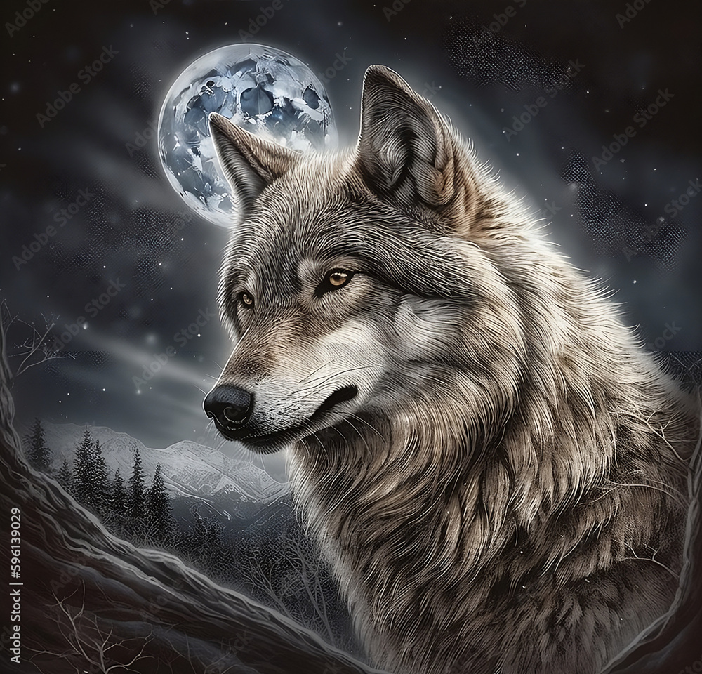 wolf in the night with moon and black stars and sky wolf in the night with moon and black stars and sky