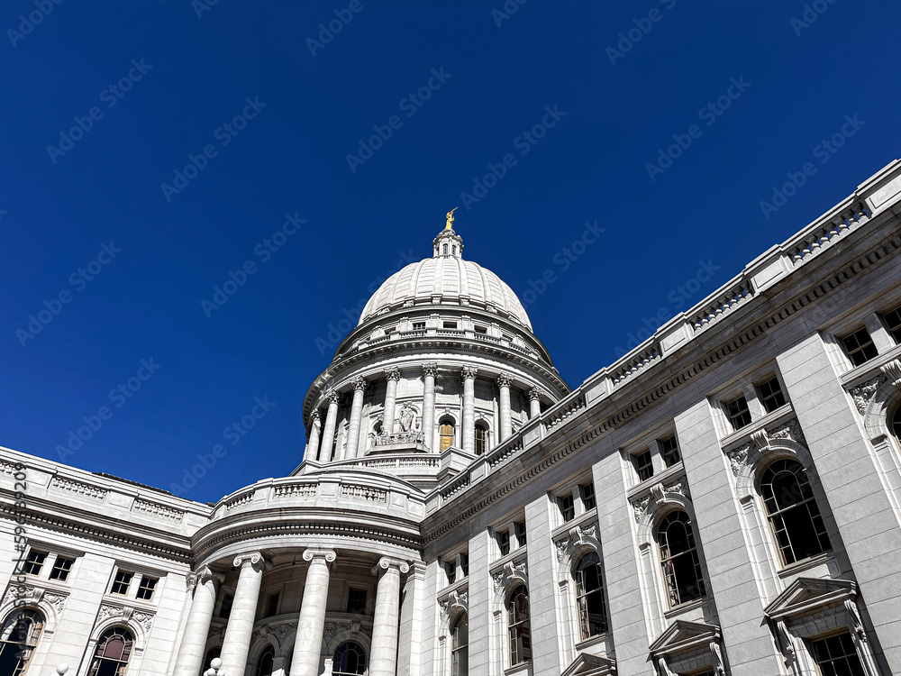 Wide-angle close-up of the Wisconsin State Capitol.
