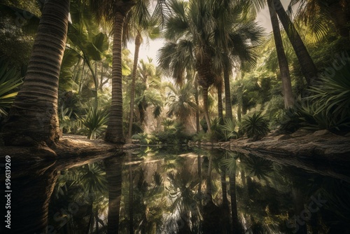 Reflection of palm trees in Fairchild Garden  Coral Gables  Florida. Generative AI