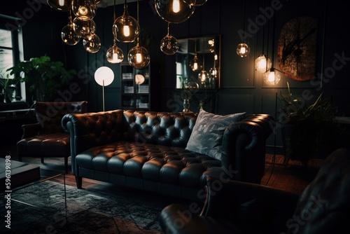 Innovative dark-colored lounge-style decor. Generative AI
