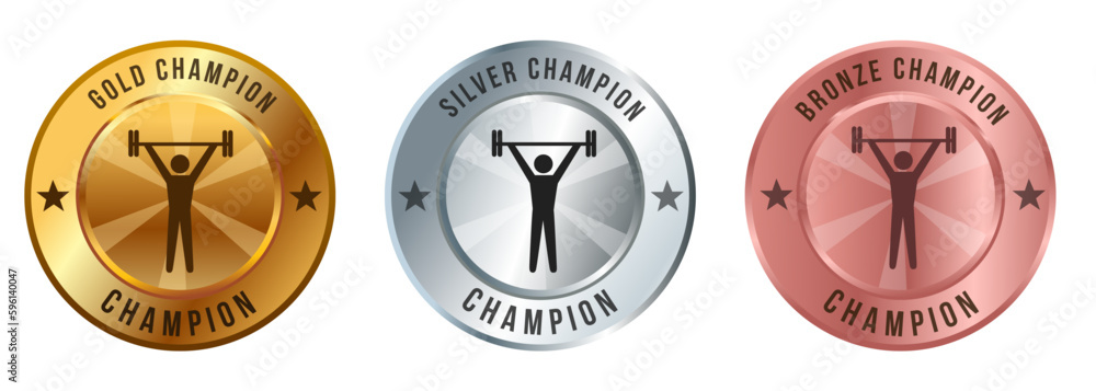 Lift weights heavy lifting iron gold silver bronze medal medallion emblem graphic round set Lift weights heavy lifting iron gold silver bronze medal medallion emblem graphic round set