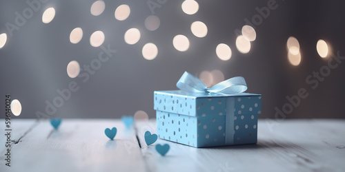 Blue gift box with blue hearts, blurred background, father's day gift, birthday gift, birthday anniversary, generative AI