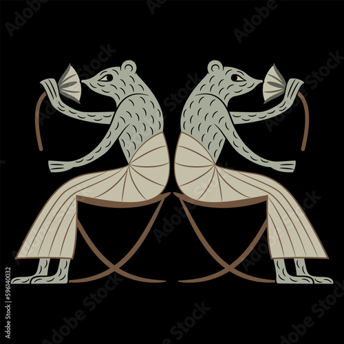 Symmetrical animal design with two anthropomorphic ladies mice or rats wearing skirts seated in chairs and smelling lotus flowers. Ancient Egyptian art. On black background.