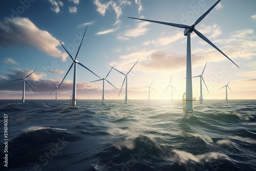 Offshore wind turbines generating clean energy from the power of the ocean waves. 3D rendering of white wind farms on blue sky background. Generative AI