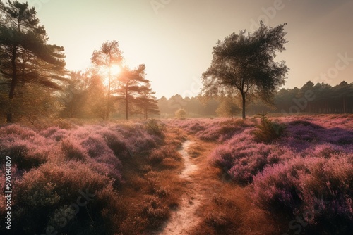 The Veluwe Zuiderheide Park in Holland features blooming heather fields, with purple and pink varieties. Generative AI photo