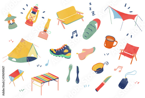 キャンプ道具の手書き風デザイン素材セット