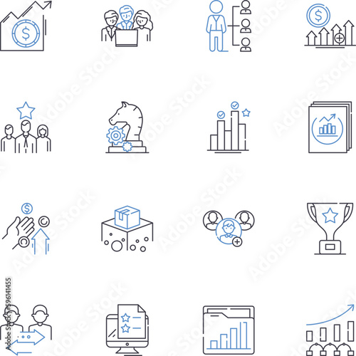 Duty completion line icons collection. Responsibility, Accountability, Commitment, Execution, Follow-through, Obligation, Perseverance vector and linear illustration. Performance,Persistence