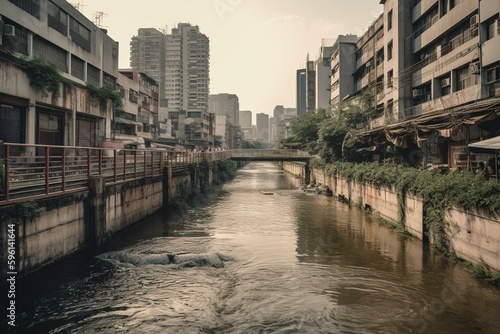 A waterway flowing through a bustling metropolitan area. Generative AI photo