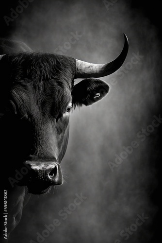 bull silhouette, studio photography, black and white photography, animals, wall art, generative ai