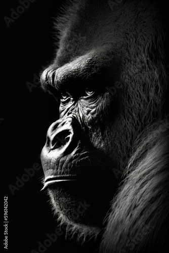 gorilla silhouette, studio photography, black and white photography, animals, wall art, generative ai