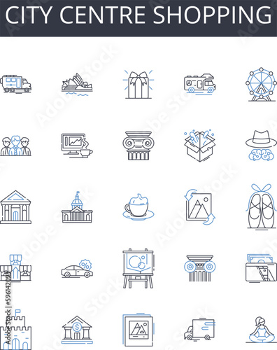 City centre shopping line icons collection. Downtown shopping, Urban shopping, High street shopping, Central shopping, Inner city shopping, CBD shopping, Metropolitan shopping vector and linear