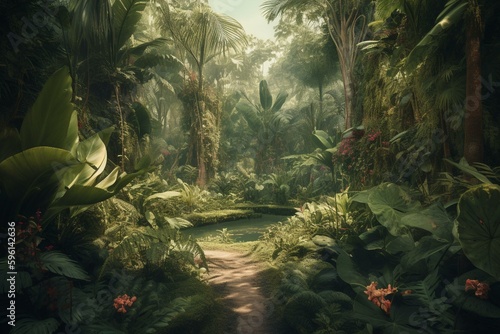 A continuous design featuring illustrations of a lush tropical haven. Generative AI