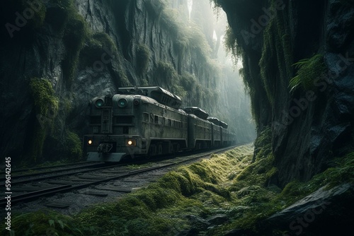 A futuristic train speeds through a mystical forest with tall rock pillars and dense foliage. Generative AI